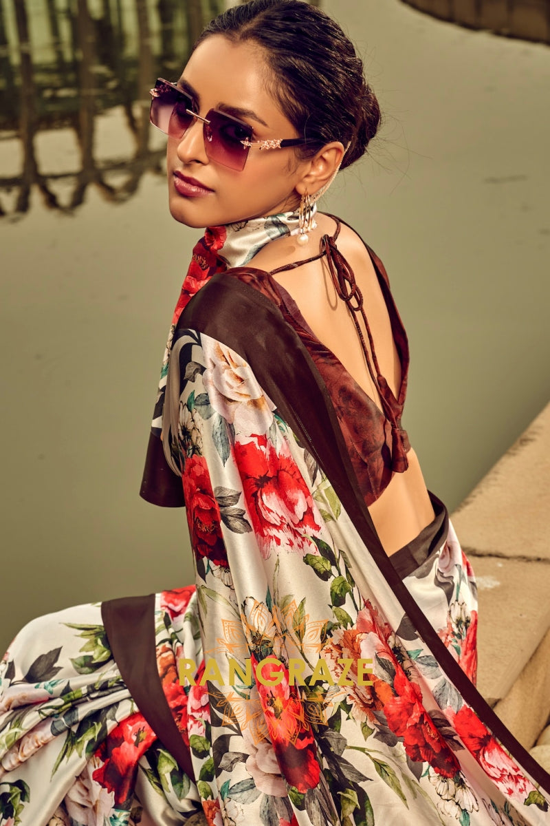 Classy Red And Green Floral Printed Satin Silk Saree