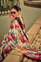 Classy Red And Green Floral Printed Satin Silk Saree