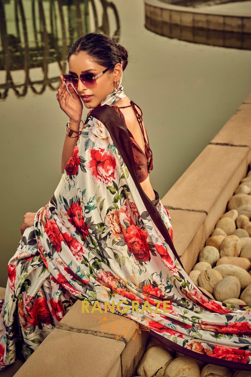 Classy Red And Green Floral Printed Satin Silk Saree