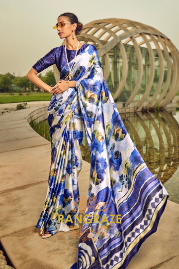 Azure Blue Floral Printed Satin Silk Saree