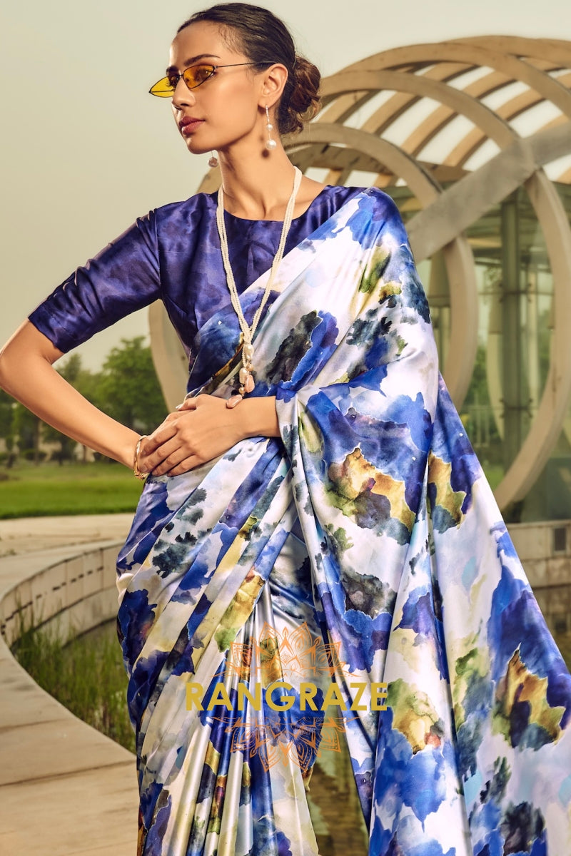 Azure Blue Floral Printed Satin Silk Saree
