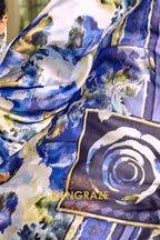 Azure Blue Floral Printed Satin Silk Saree