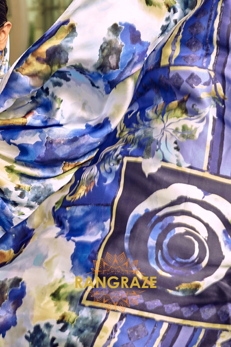 Azure Blue Floral Printed Satin Silk Saree