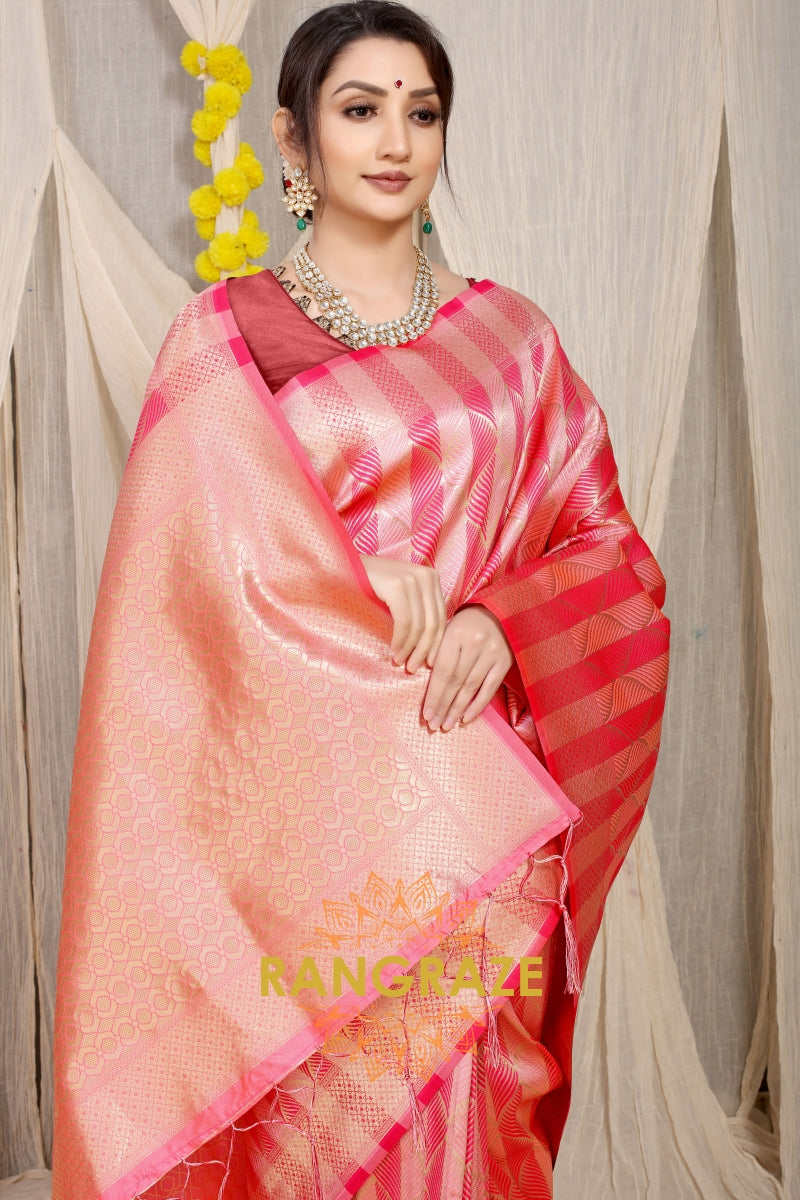 Pink Stripe Pattern Banarasi Silk Saree