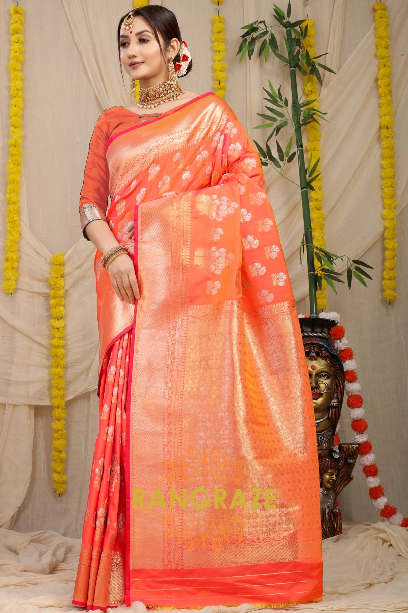 Peach Pink Banarasi Silk Saree With Zari Pallu And Border