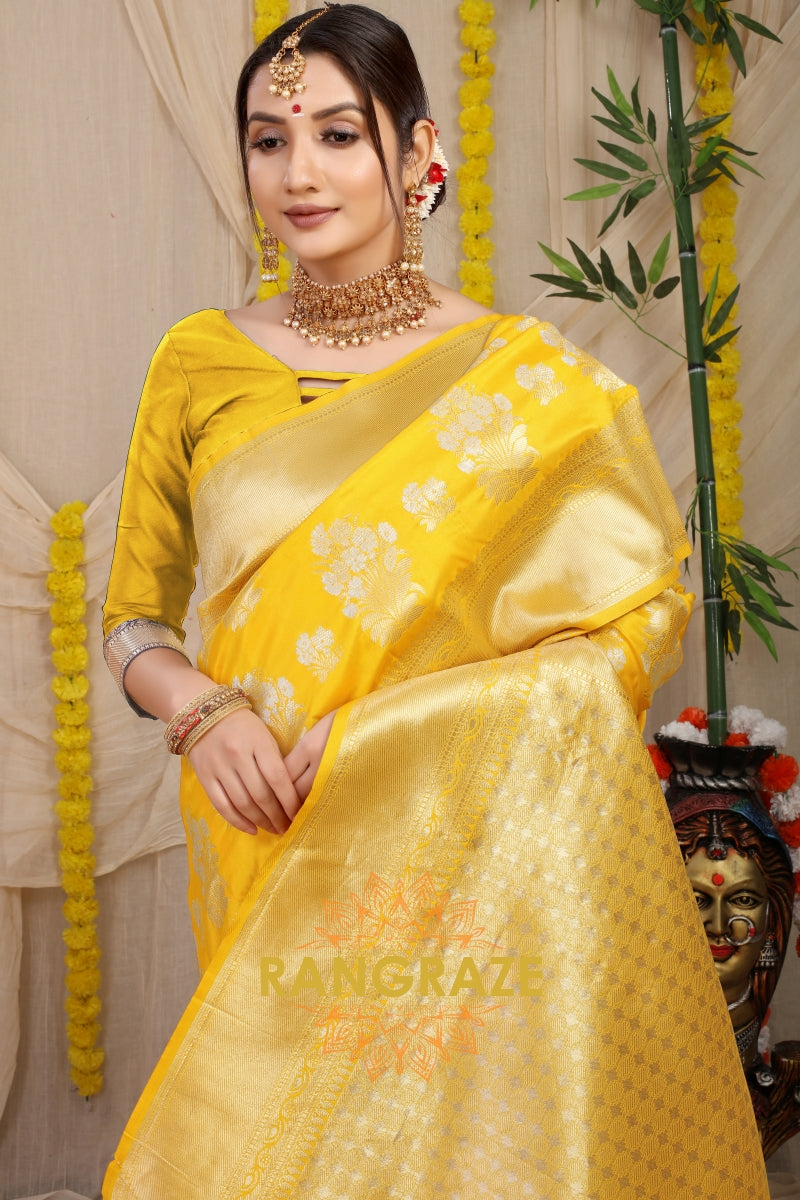 Sunny Yellow Banarasi Silk Saree With Zari Pallu And Border