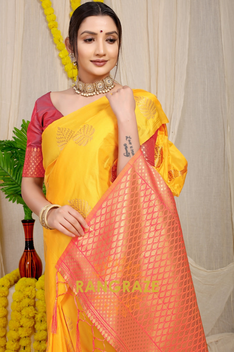 Yellow Banarasi Silk Saree With Pan Design And Silver Zari Border