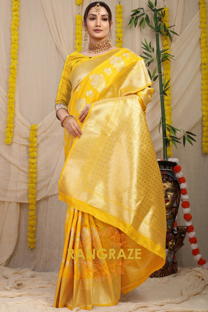 Sunny Yellow Banarasi Silk Saree With Zari Pallu And Border