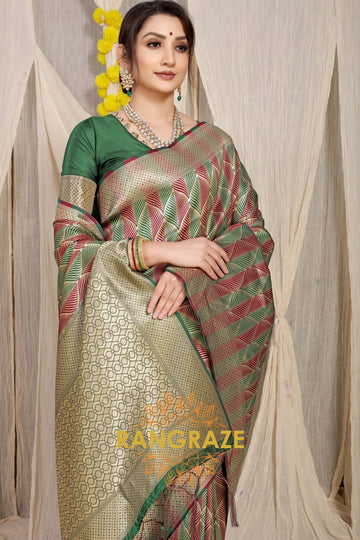 Golden Green Stripe Pattern Banarasi Silk Saree