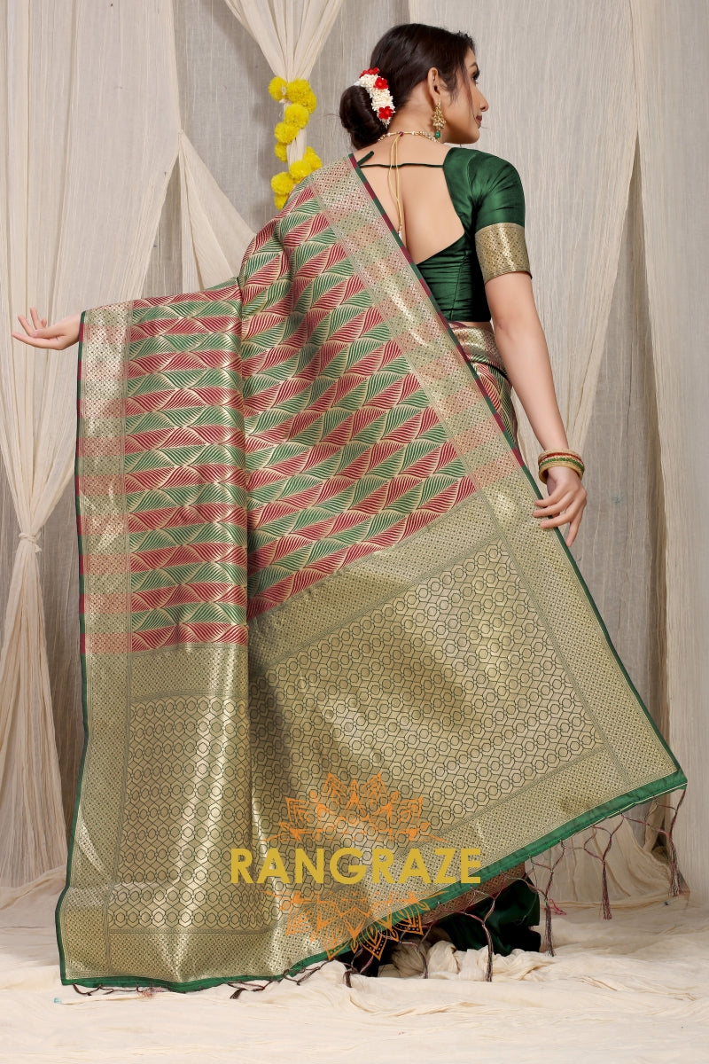 Golden Green Stripe Pattern Banarasi Silk Saree