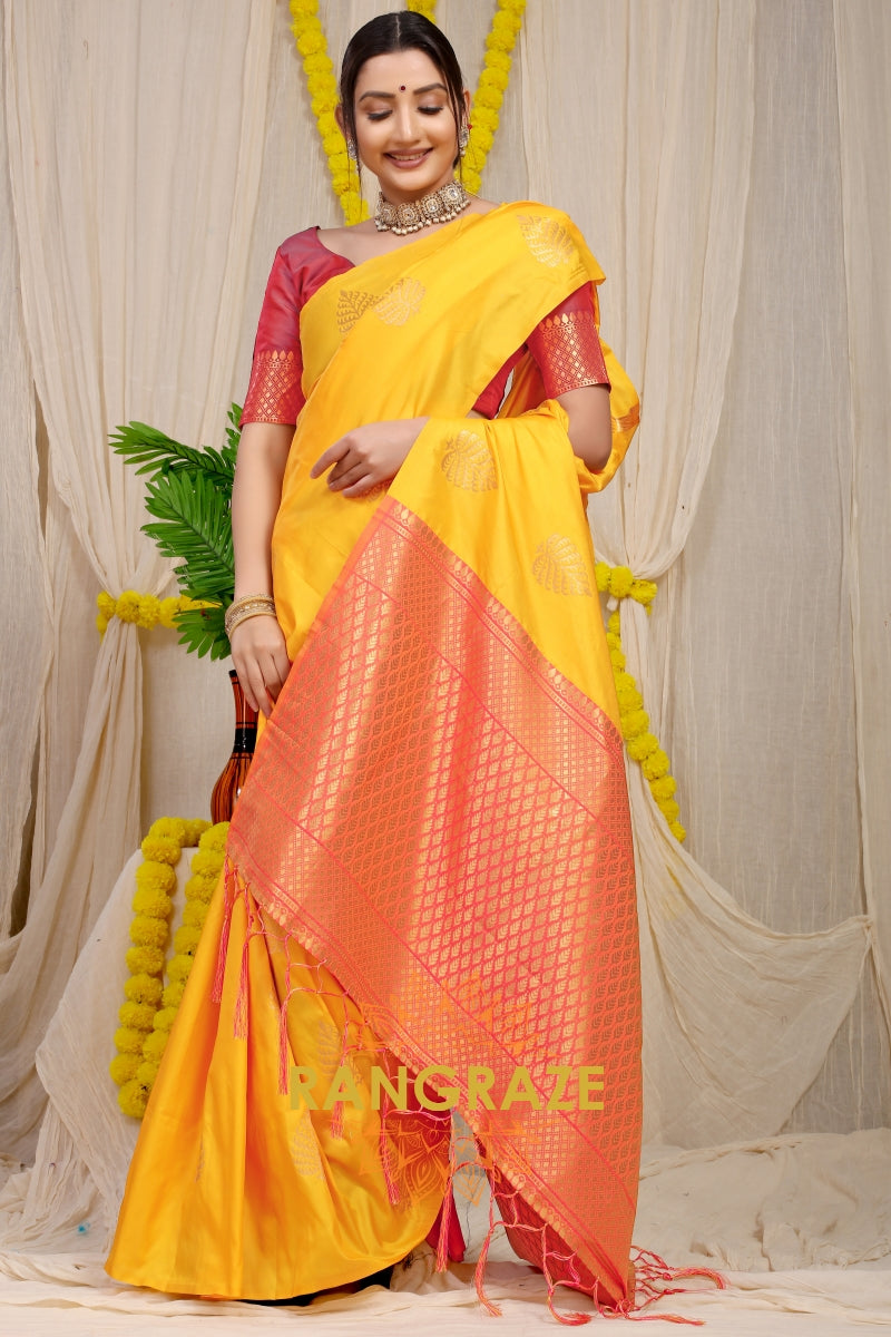 Yellow Banarasi Silk Saree With Pan Design And Silver Zari Border