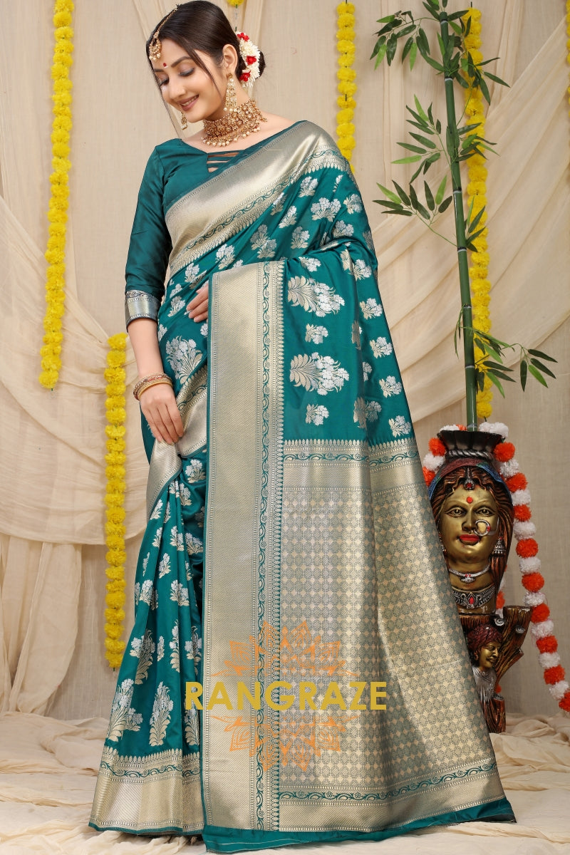 Teal Green Banarasi Silk Saree With Zari Pallu And Border