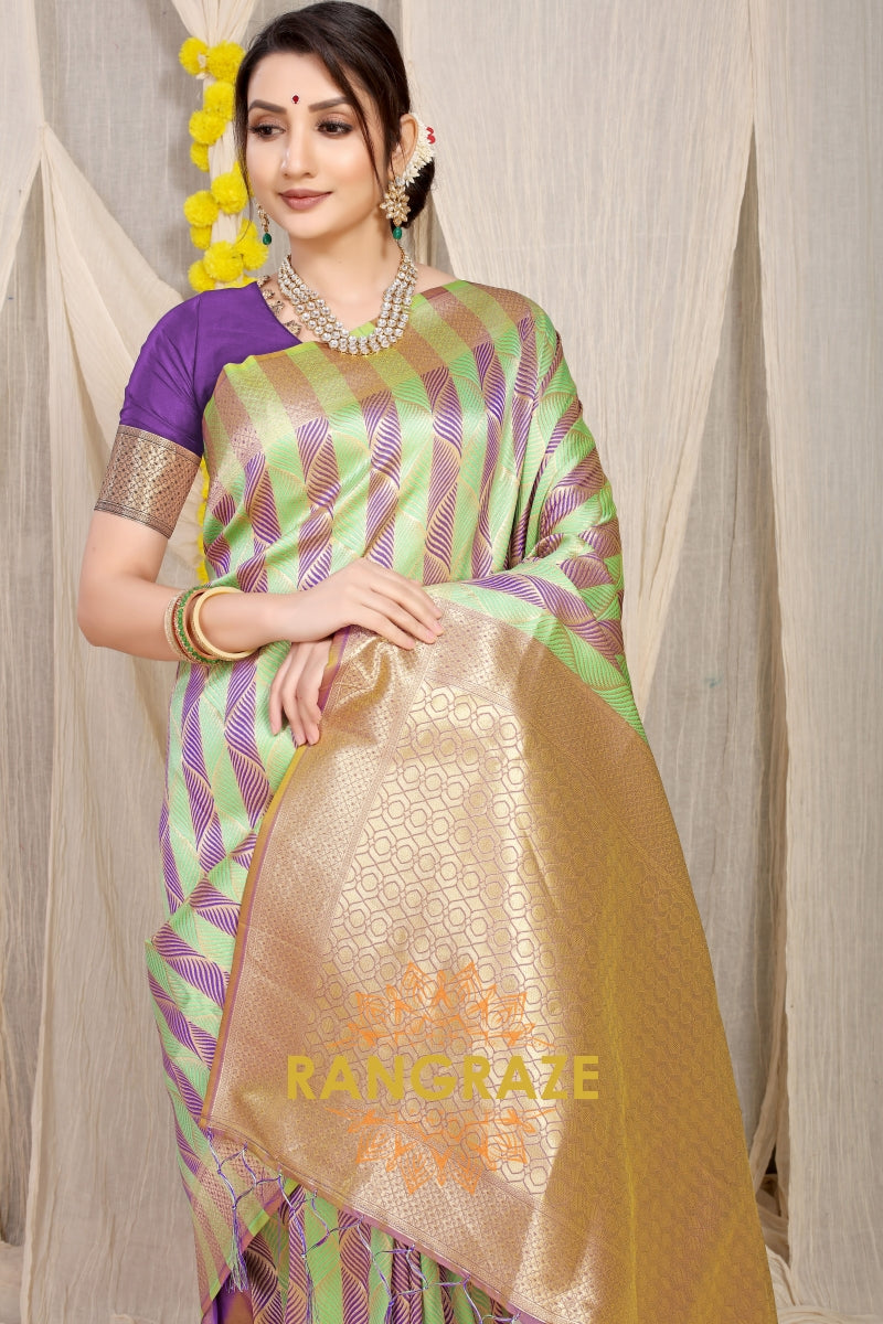 Purple Green Stripe Pattern Banarasi Silk Saree