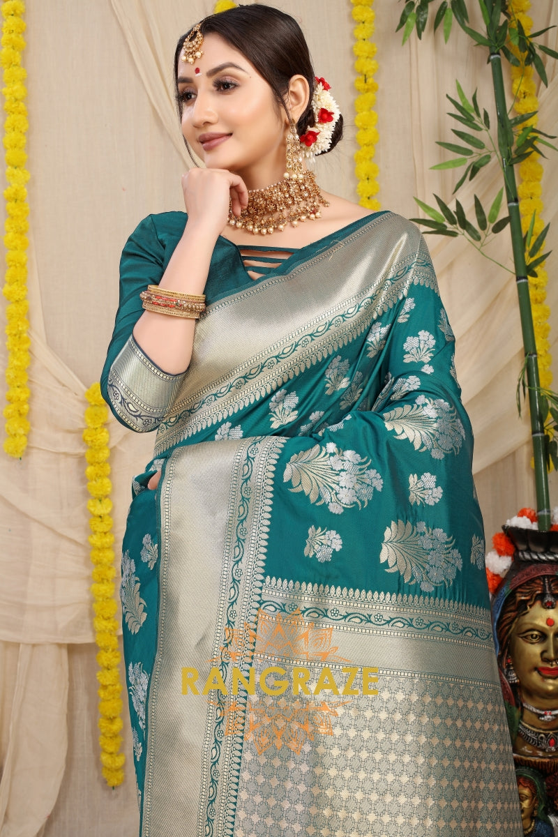 Teal Green Banarasi Silk Saree With Zari Pallu And Border