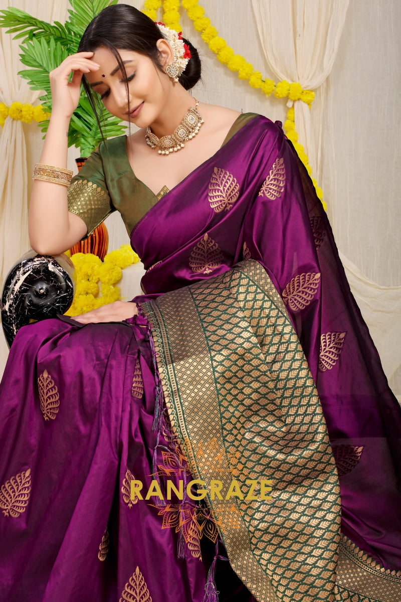 Purple Green Banarasi Silk Saree With Pan Design And Silver Zari Border