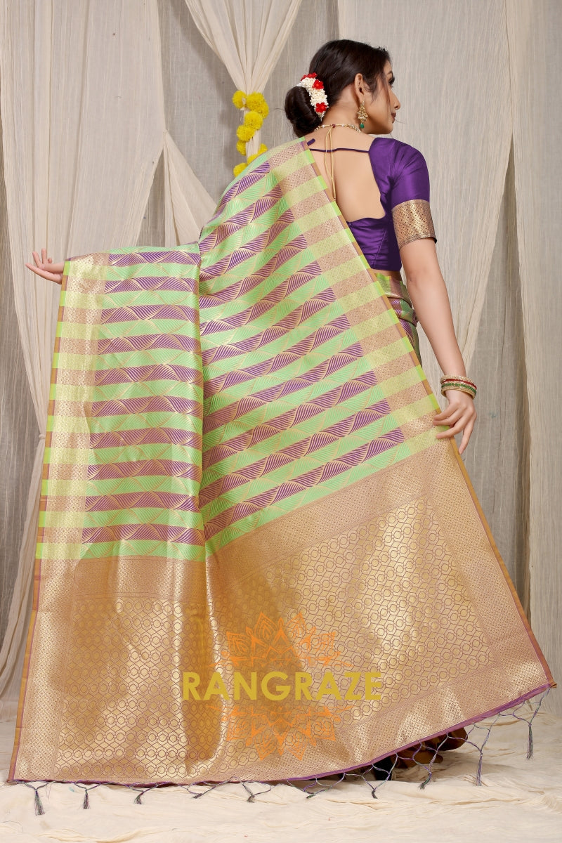 Purple Green Stripe Pattern Banarasi Silk Saree