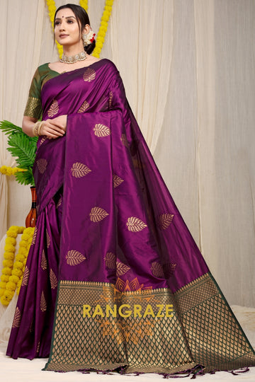 Purple Green Banarasi Silk Saree With Pan Design And Silver Zari Border