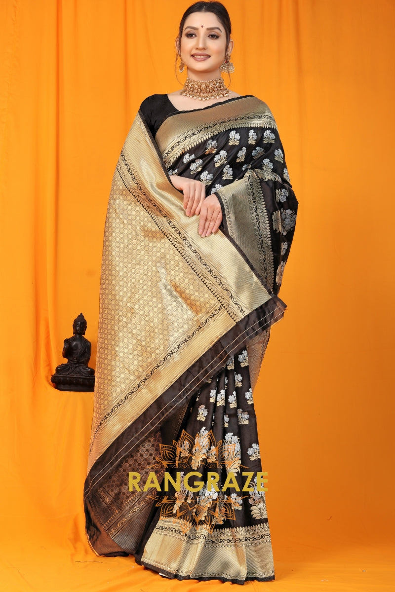 Twilight Black Banarasi Silk Saree With Zari Pallu And Border