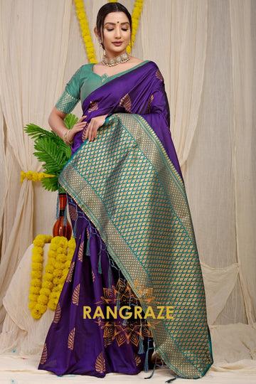 Purple Banarasi Silk Saree With Pan Design And Silver Zari Border