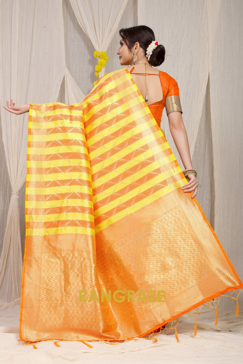 Yellow Orange Stripe Pattern Banarasi Silk Saree