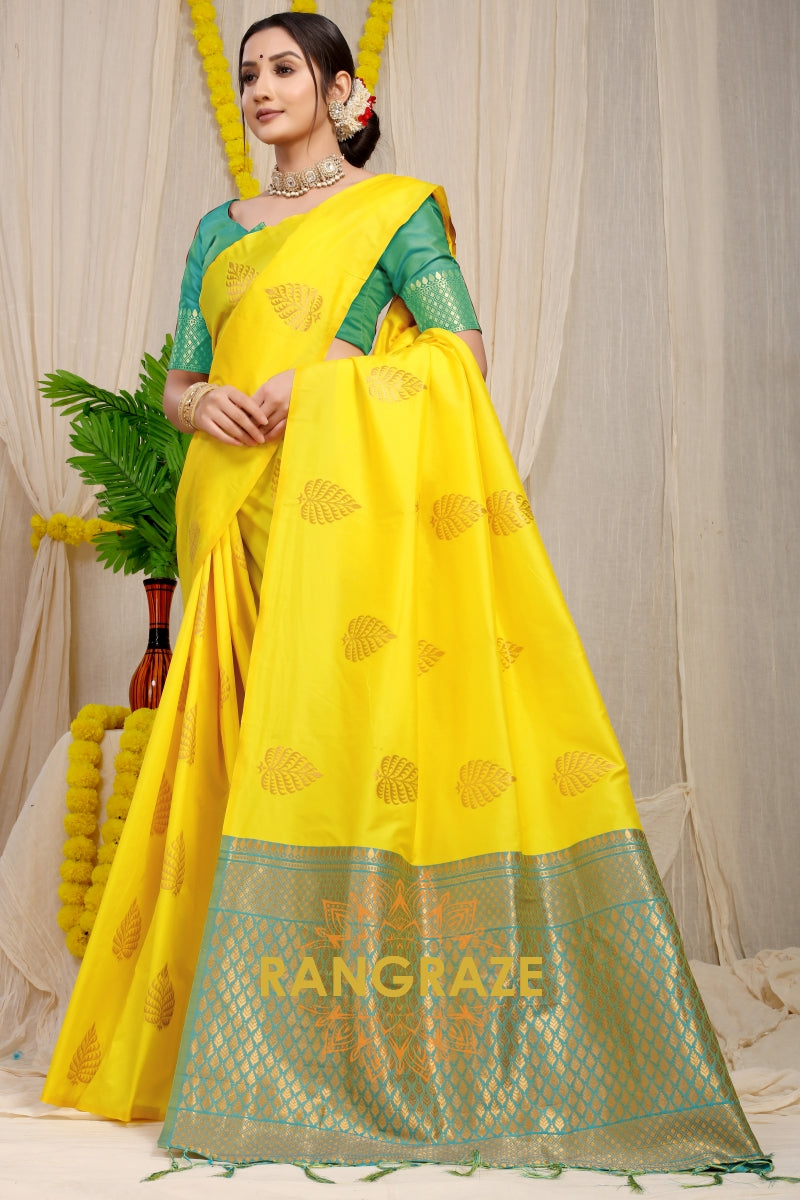 Yellow Green Banarasi Silk Saree With Pan Design And Silver Zari Border