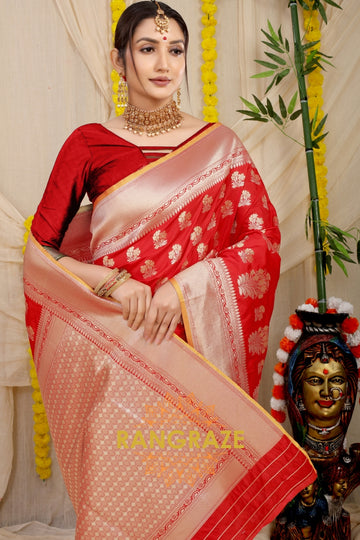 Bridal Red Banarasi Silk Saree With Zari Pallu And Border