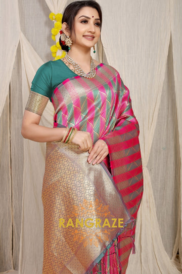 Pink Green Stripe Pattern Banarasi Silk Saree