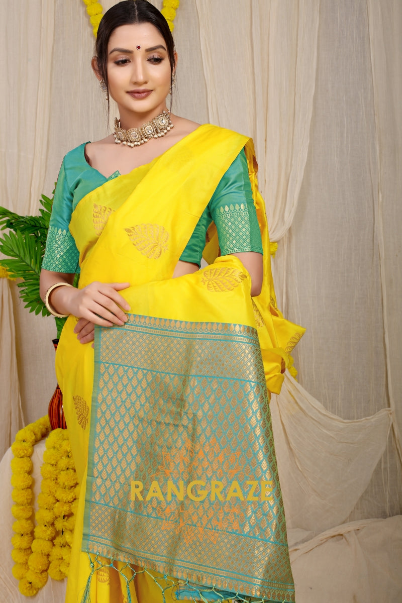 Yellow Green Banarasi Silk Saree With Pan Design And Silver Zari Border