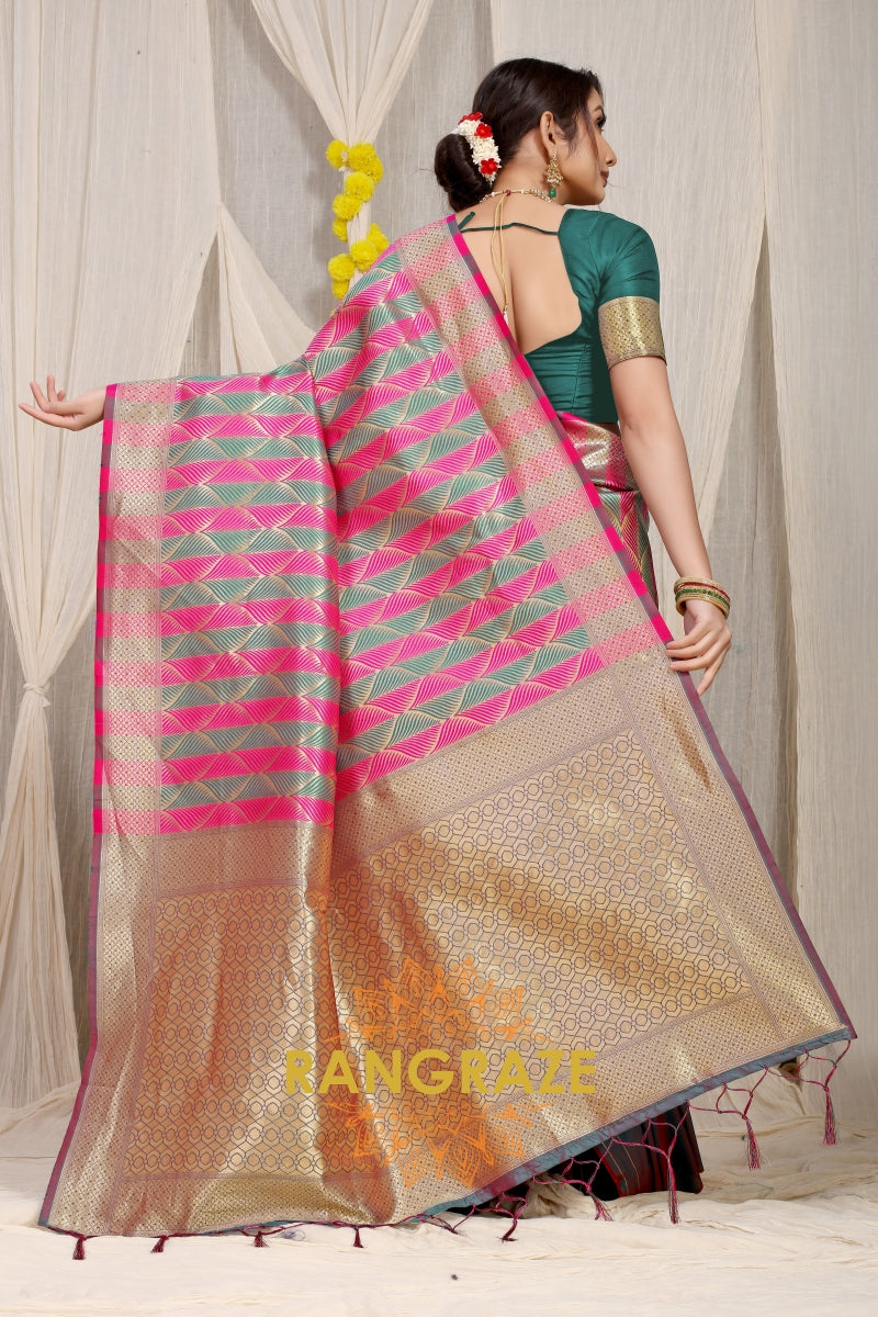 Pink Green Stripe Pattern Banarasi Silk Saree