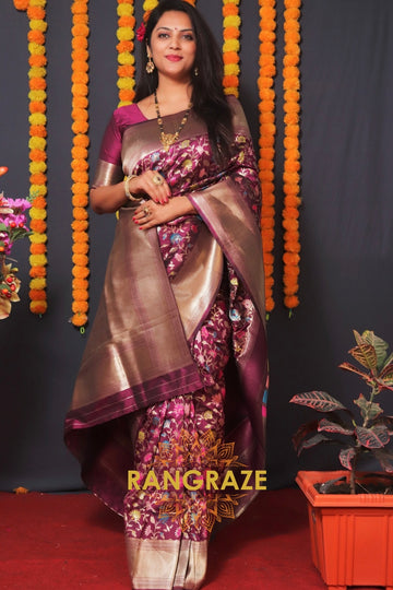 Regal Purple Pure Handloom Banarasi Silk Saree With Full Floral Work