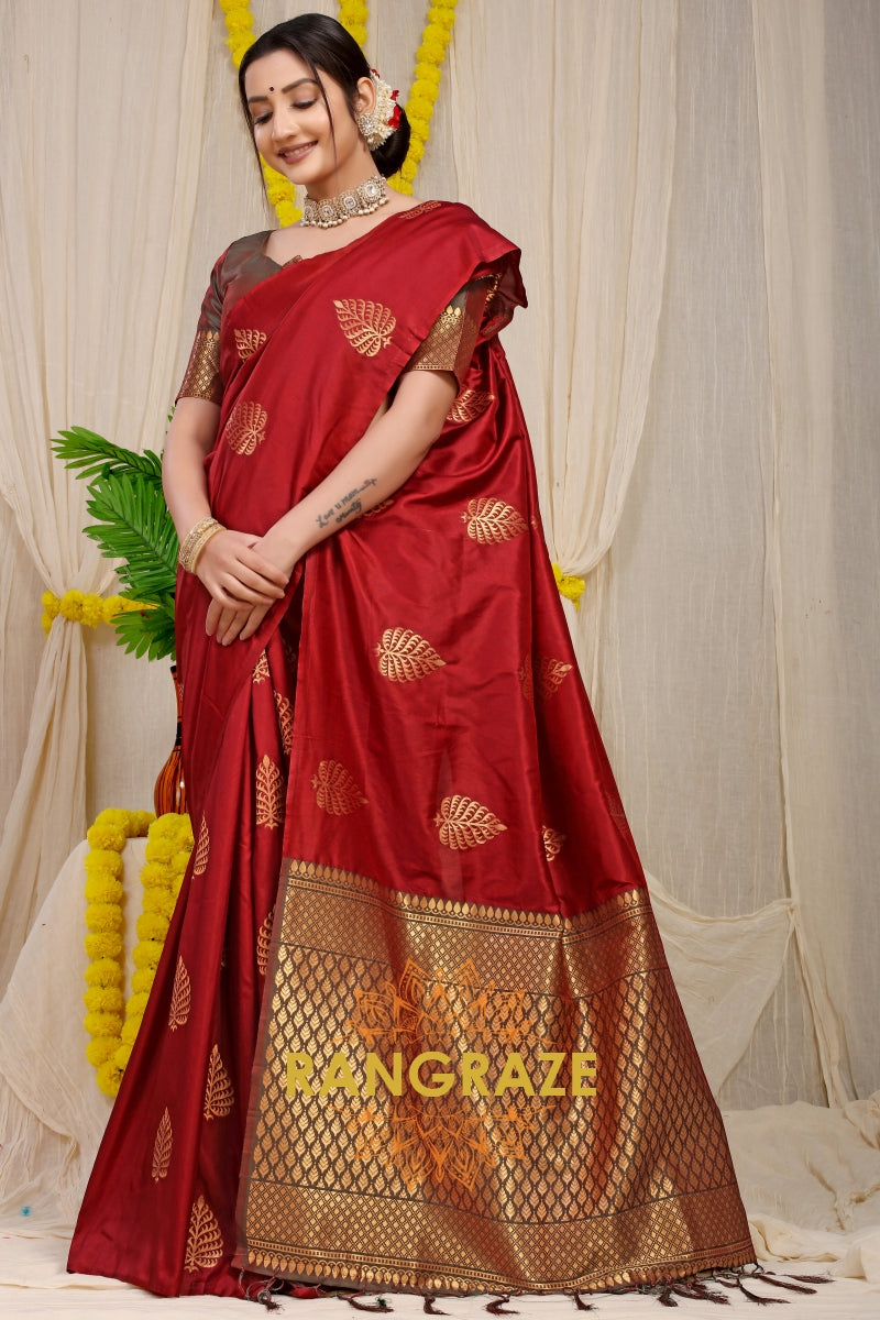 Maroon Red Banarasi Silk Saree With Pan Design And Silver Zari Border