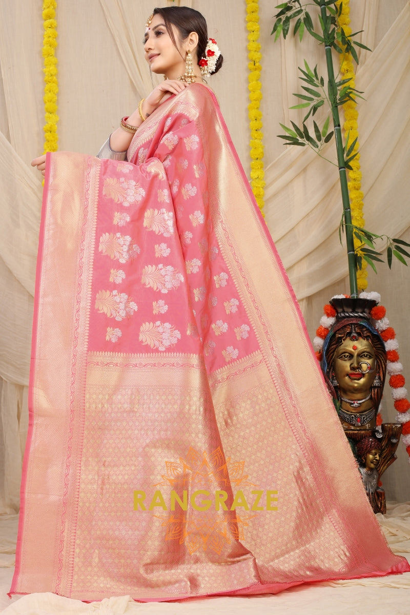 Rose Pink Banarasi Silk Saree With Zari Pallu And Border