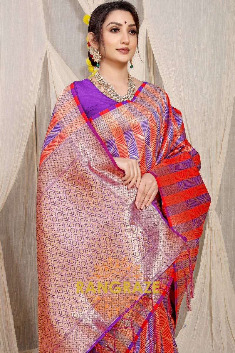 Purple Red Stripe Pattern Banarasi Silk Saree