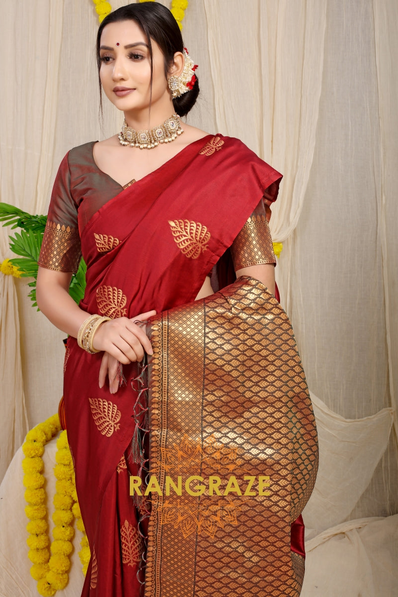 Maroon Red Banarasi Silk Saree With Pan Design And Silver Zari Border