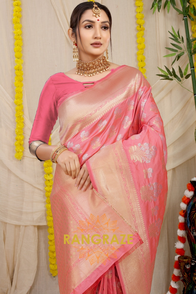 Rose Pink Banarasi Silk Saree With Zari Pallu And Border