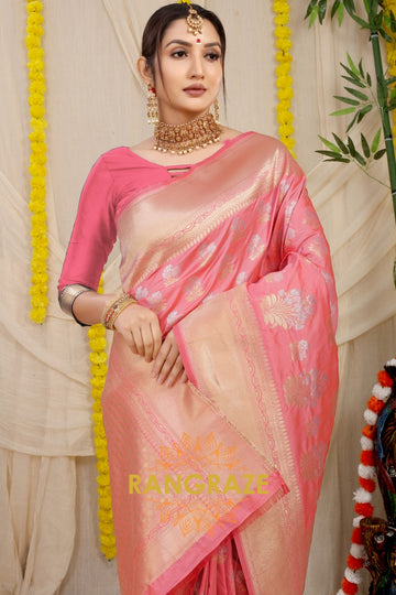 Rose Pink Banarasi Silk Saree With Zari Pallu And Border