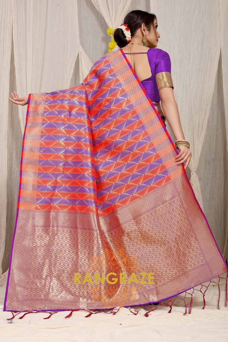 Purple Red Stripe Pattern Banarasi Silk Saree