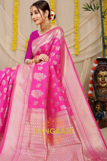 Magenta Pink Banarasi Silk Saree With Zari Pallu And Border