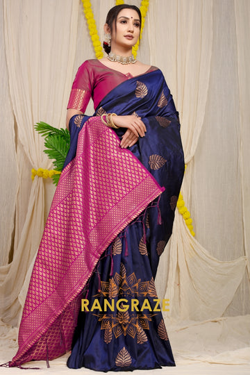 Indigo Blue Banarasi Silk Saree With Pan Design And Silver Zari Border