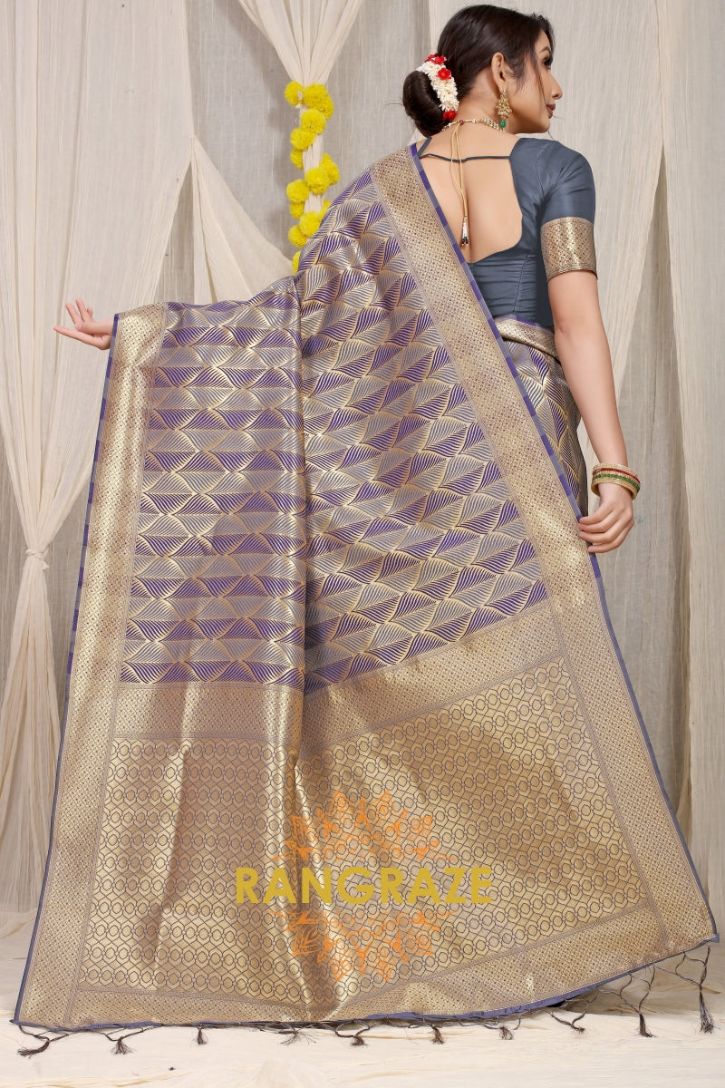 Grey Purple Stripe Pattern Banarasi Silk Saree