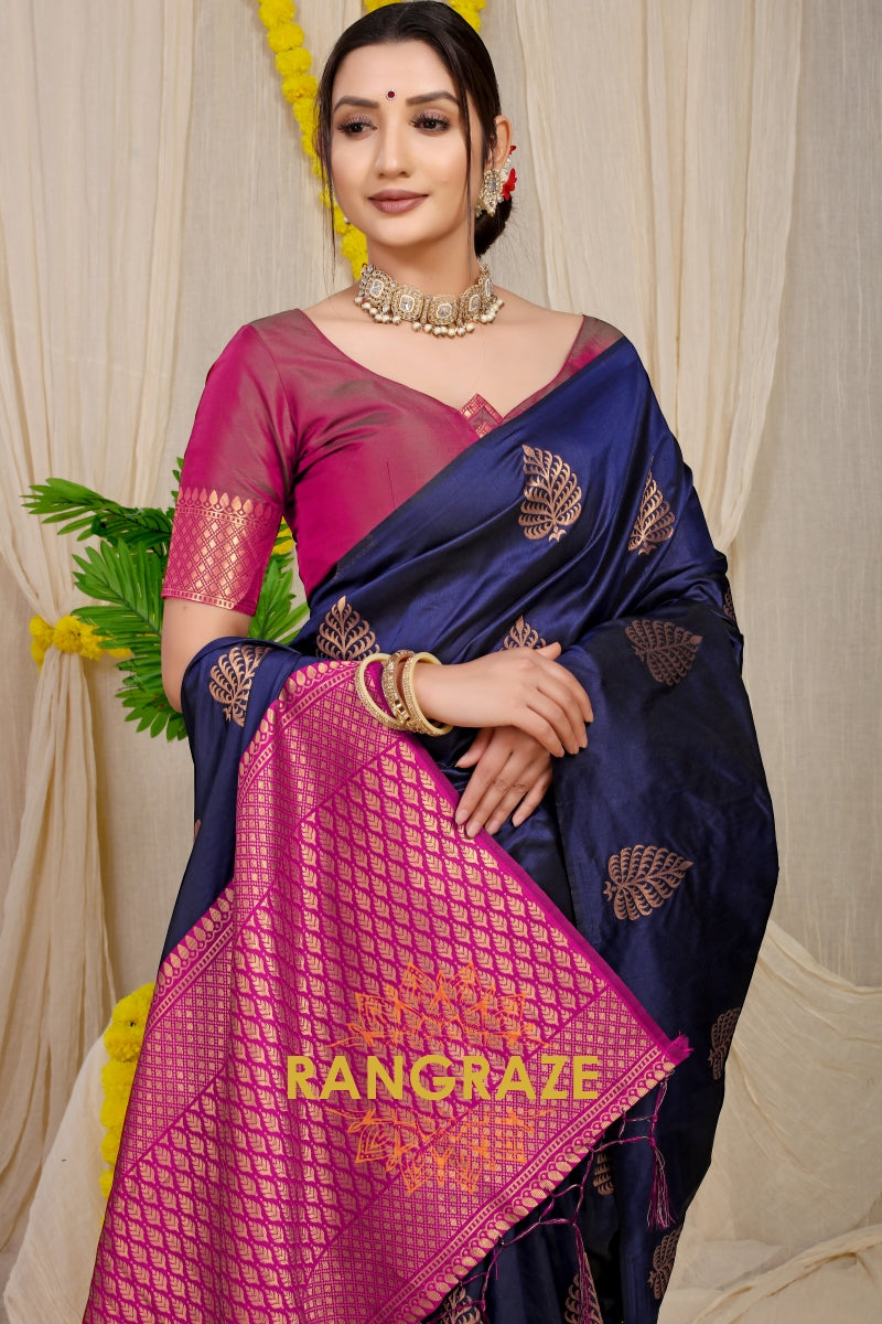 Indigo Blue Banarasi Silk Saree With Pan Design And Silver Zari Border