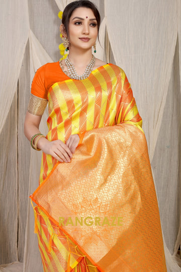 Yellow Orange Stripe Pattern Banarasi Silk Saree