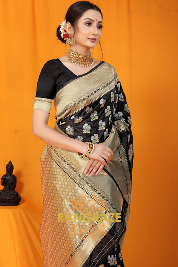 Twilight Black Banarasi Silk Saree With Zari Pallu And Border