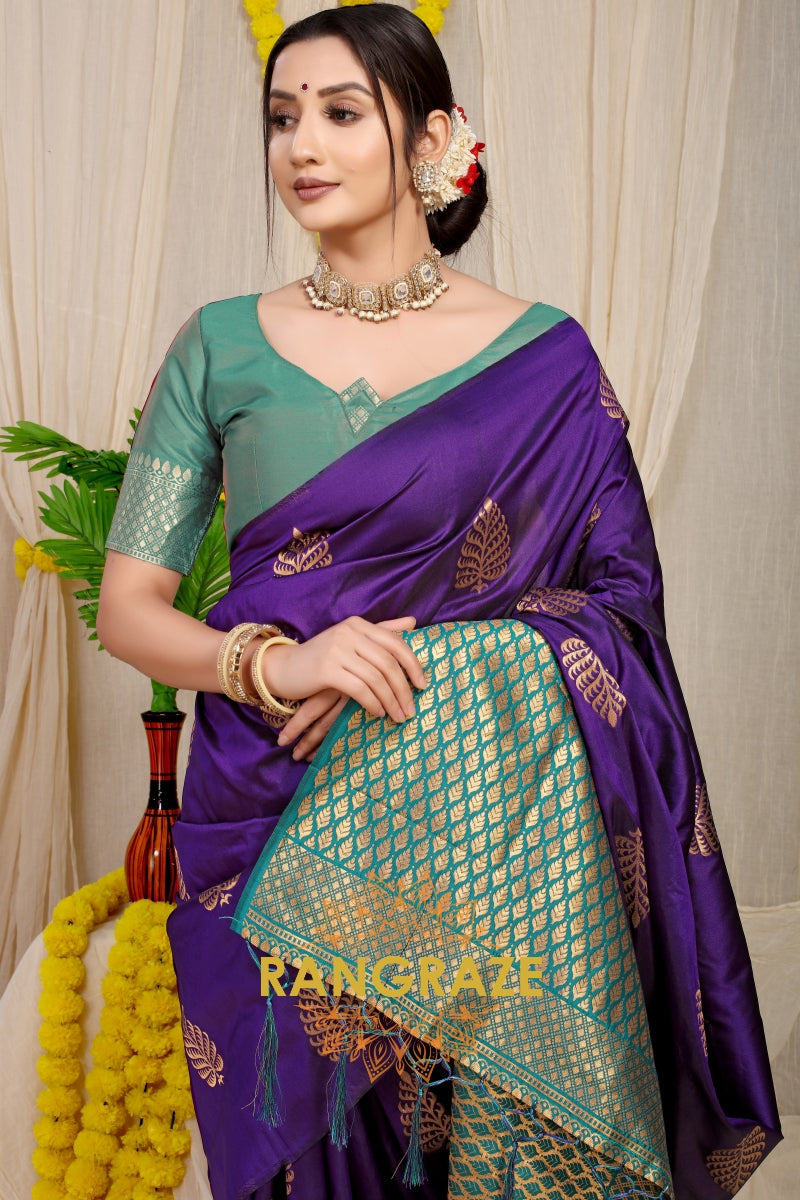 Purple Banarasi Silk Saree With Pan Design And Silver Zari Border