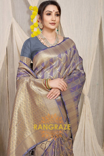 Grey Purple Stripe Pattern Banarasi Silk Saree