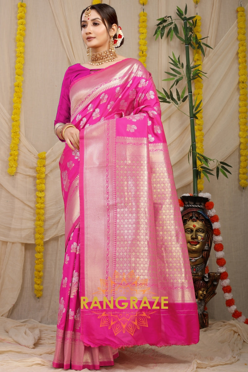 Magenta Pink Banarasi Silk Saree With Zari Pallu And Border