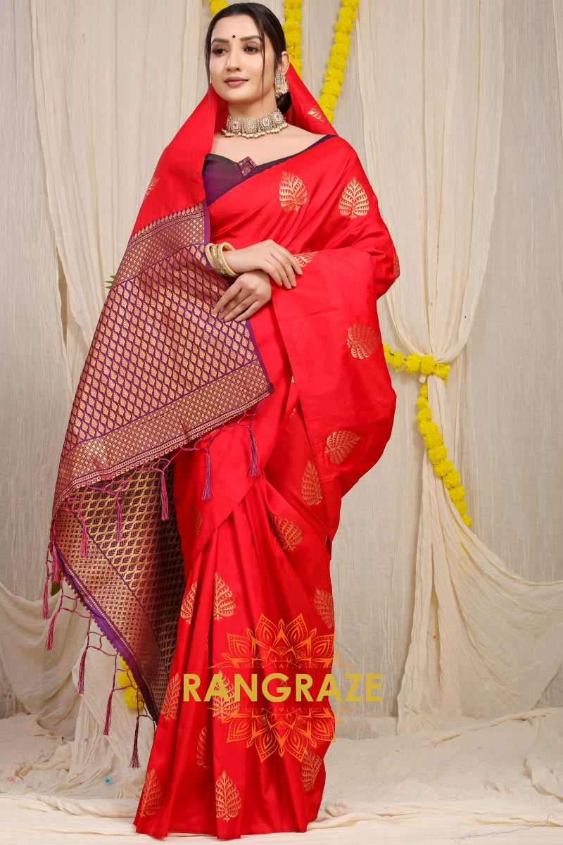 Bridal Red Banarasi Silk Saree With Pan Design And Silver Zari Border