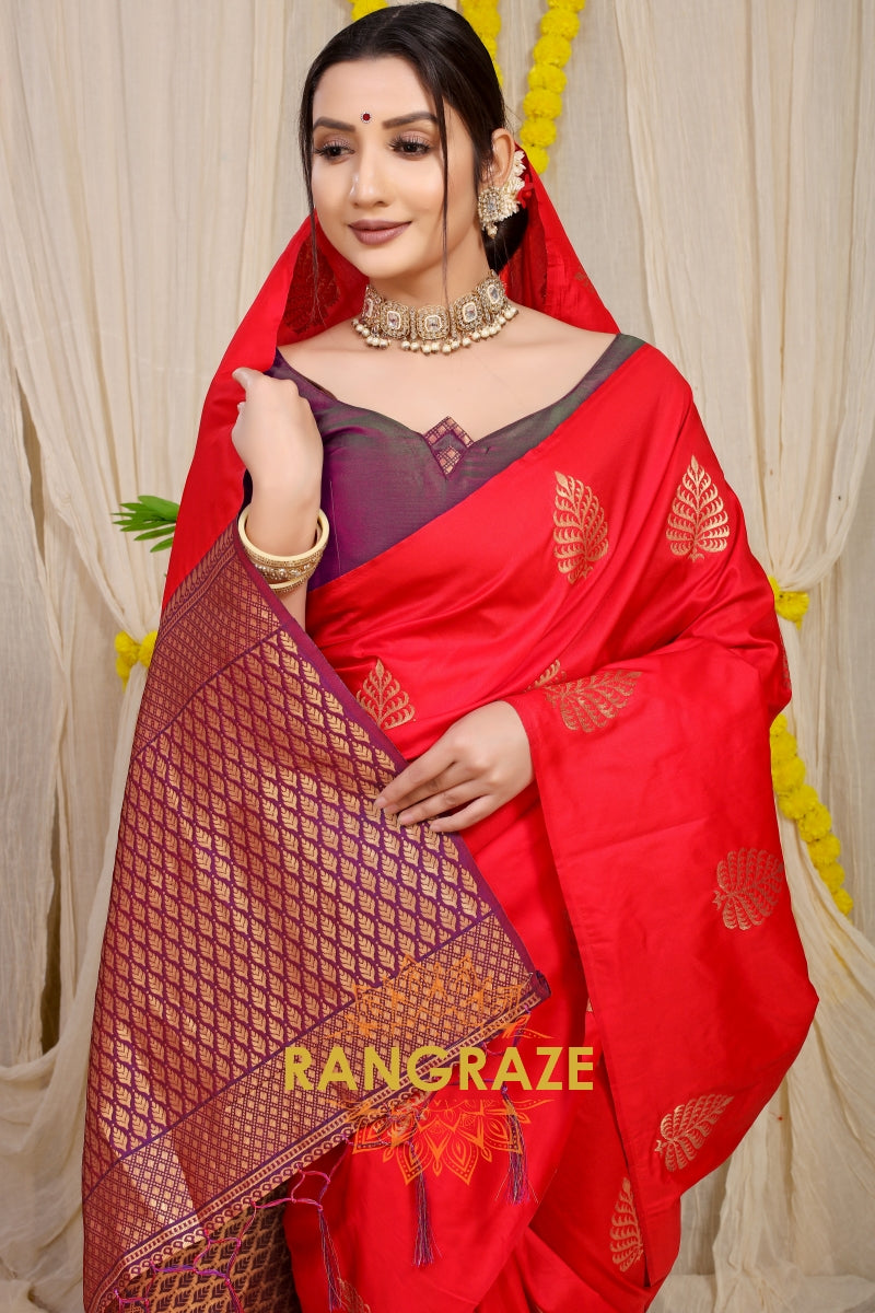 Bridal Red Banarasi Silk Saree With Pan Design And Silver Zari Border