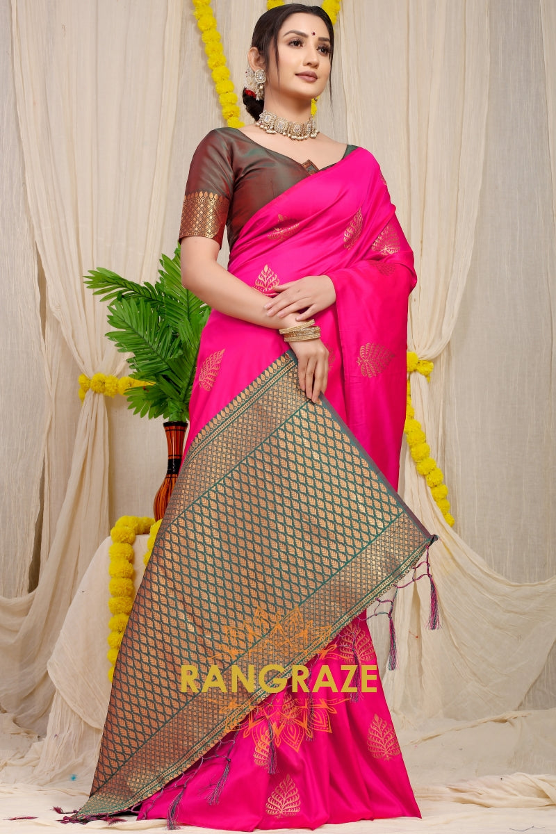 Magenta Pink Banarasi Silk Saree With Pan Design And Silver Zari Border