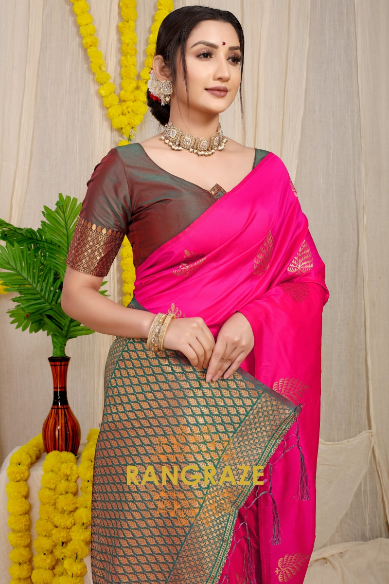 Magenta Pink Banarasi Silk Saree With Pan Design And Silver Zari Border